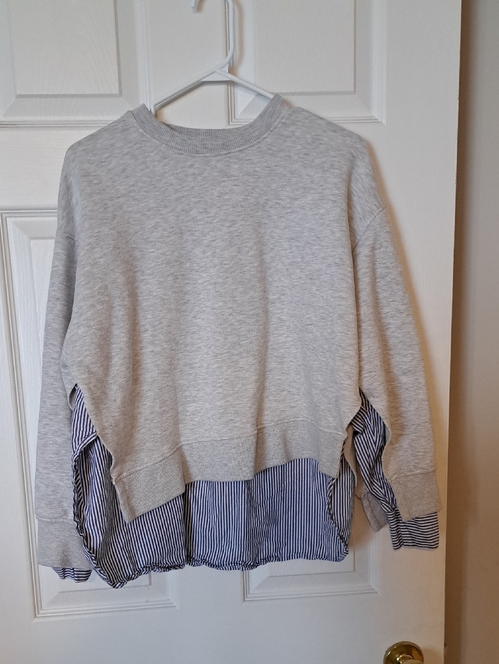 Zara Light Gray Sweatshirt with Blue-Striped Shirt Detail